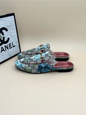 Gucci Blue Floral Horsebit Backless Mules